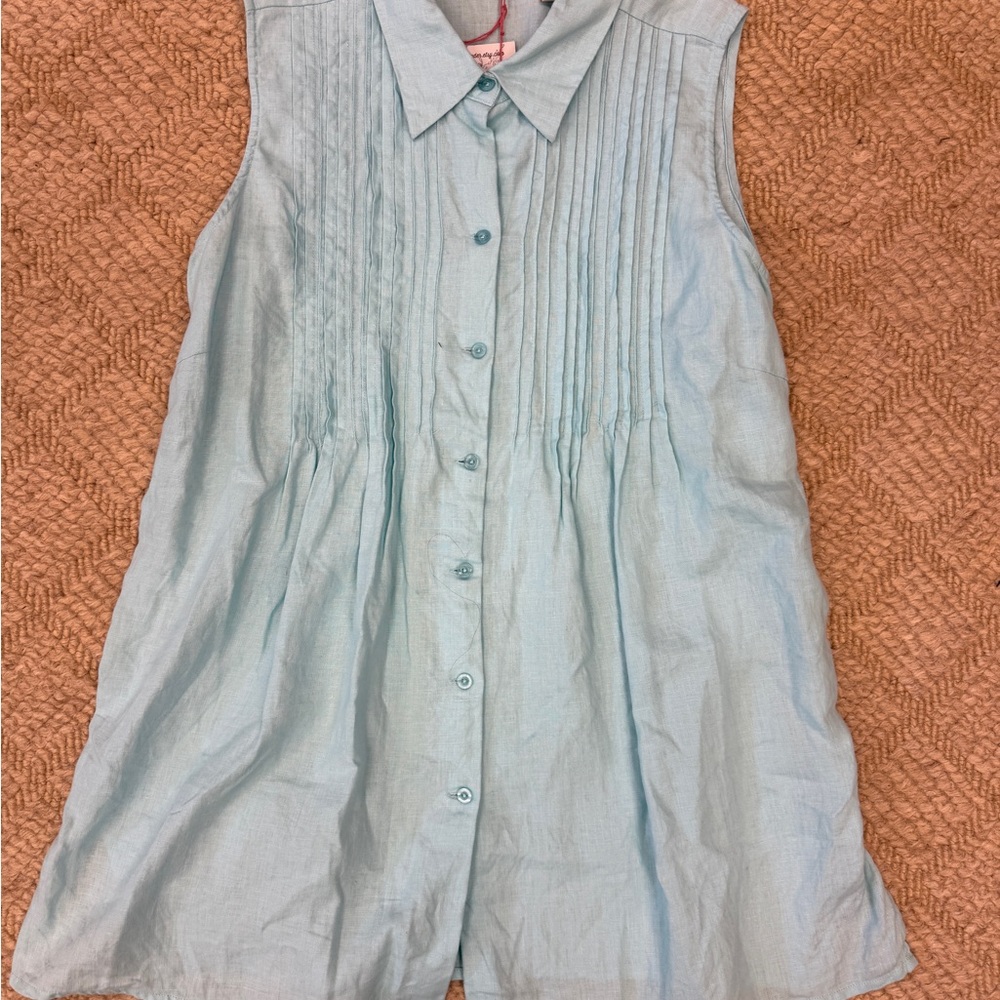 Elegant Sleeveless linen Blue Women's Blouse